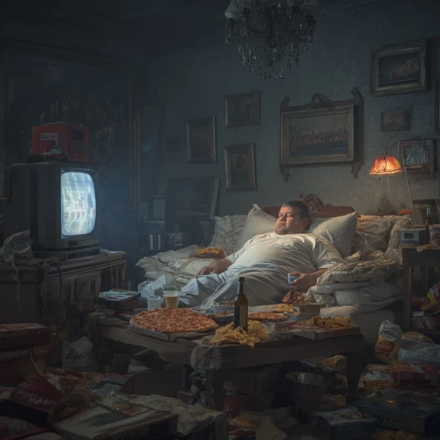 Lazy Man Eating Pizza and Watching TV