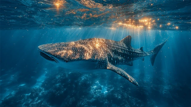 Whale Shark Swimming in Crystal Clear Ocean Waters