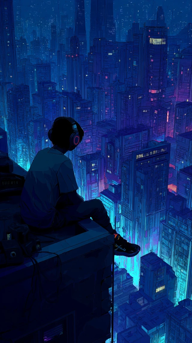 Rooftop Cityscape at 3AM Neon Skyline Silhouette