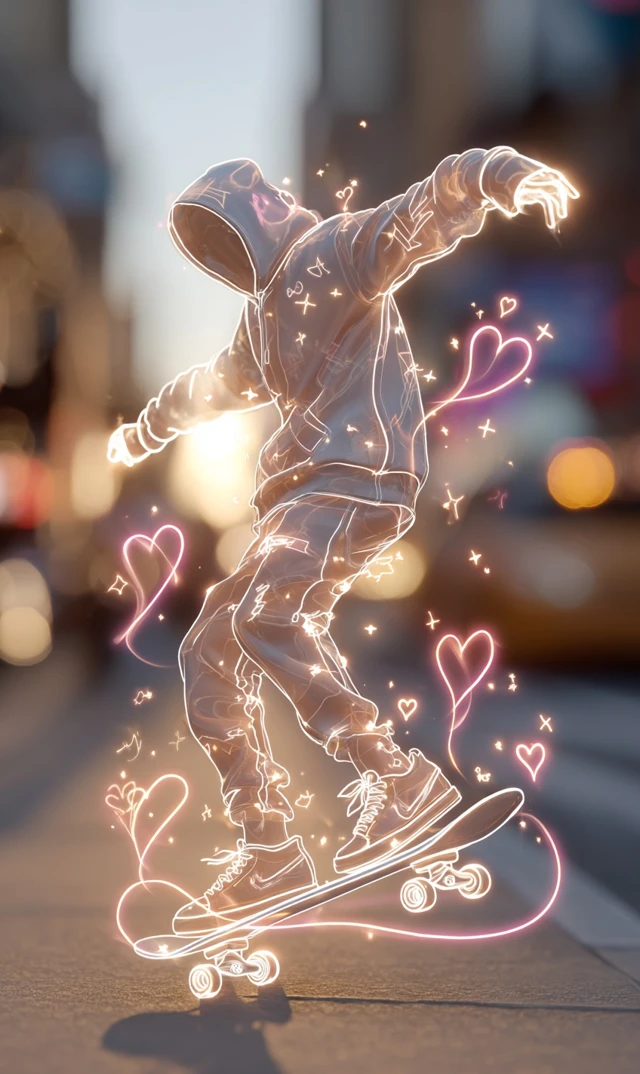 Neon Skateboard Boy City Street Art Golden Hour