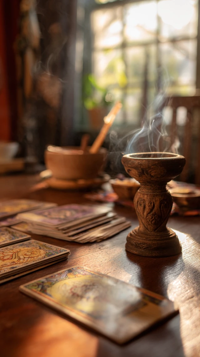 Tarot Reading Table with Incense and Sunlight