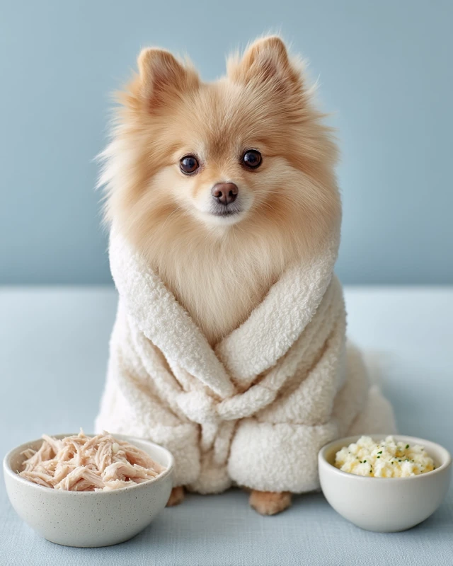 Fluffy Pomeranian in Robe with Food Bowls: Cute Stock Photo
