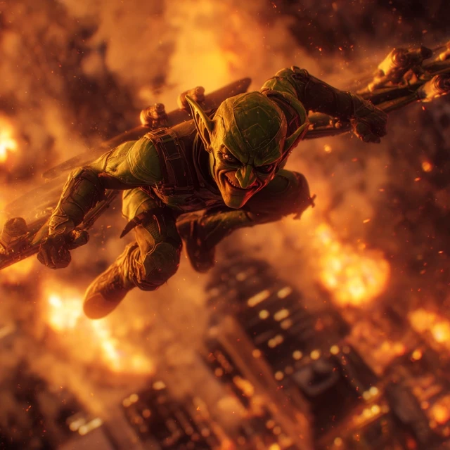 Green Goblin Flies Over City of Fire