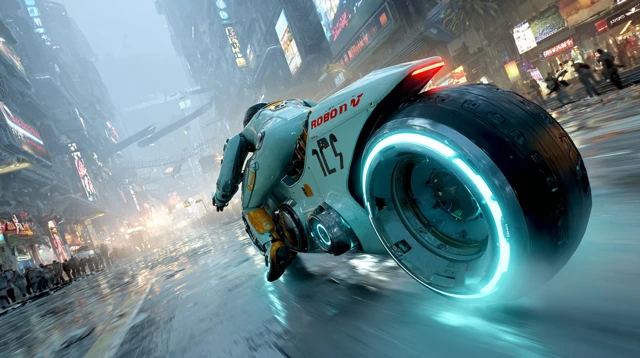 Futuristic City Street Robot Motorcycle Action HD