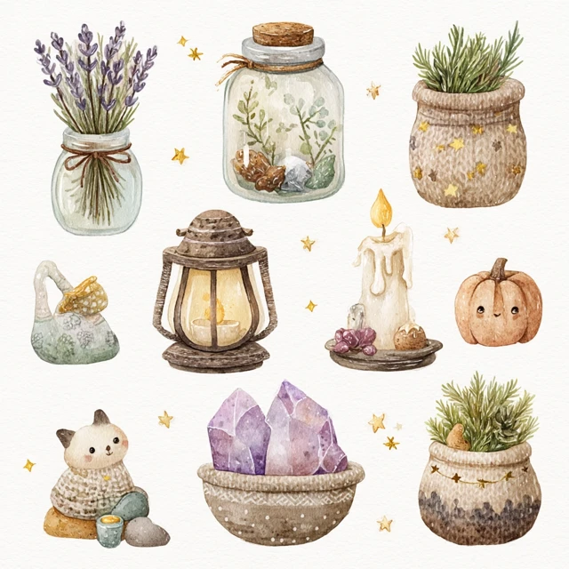 Watercolor Witchy Clipart: Herbs, Candles, and Cozy Vibes