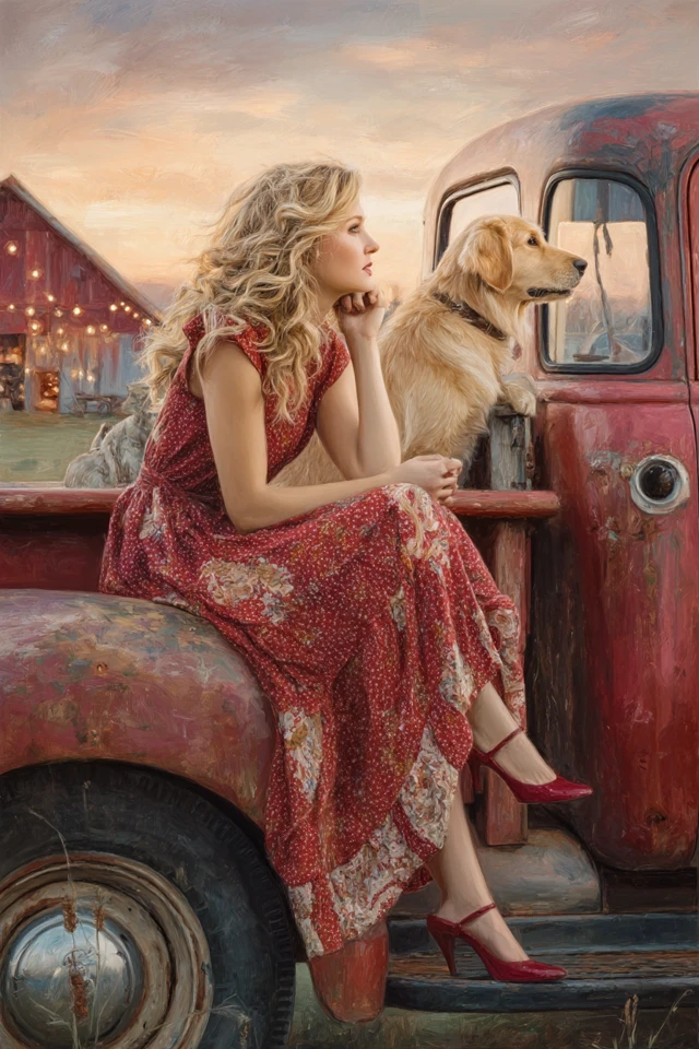 Romantic Country Scene Woman Truck Golden Retriever