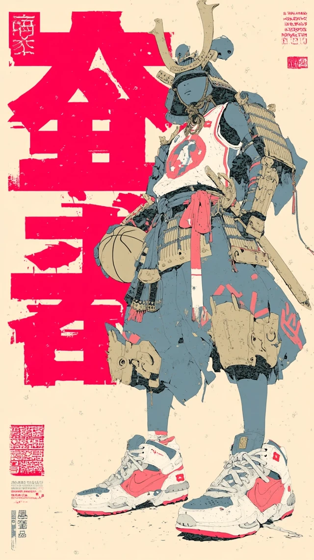 Samurai Basketball Player: Japanese Magazine Style Poster