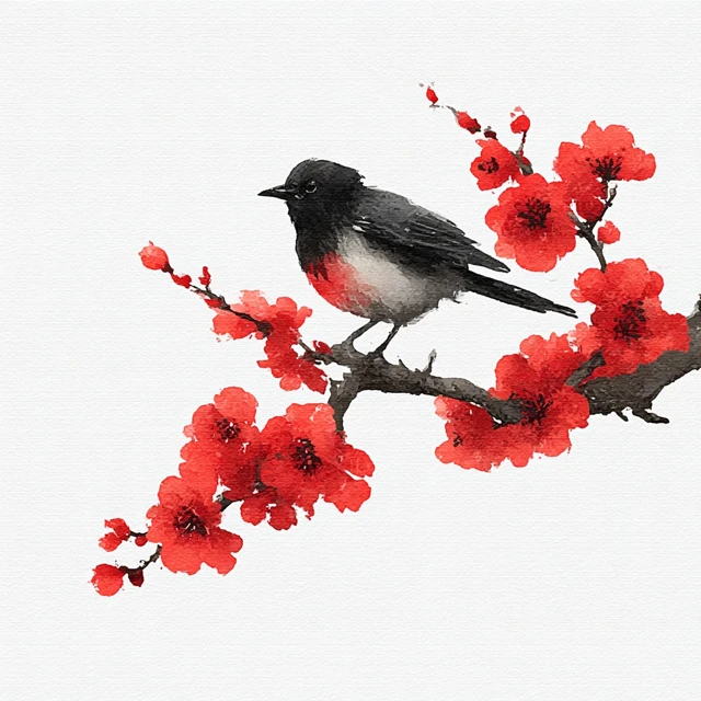 Oriental Bird on Cherry Blossom Branch Art