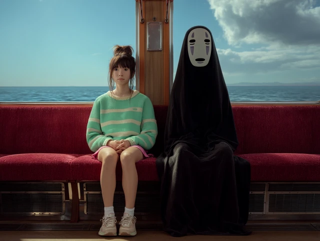 Girl and No-Face on Train: Dreamlike Cinematic Shot