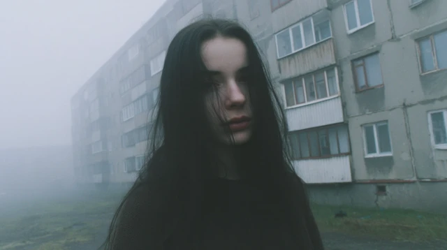 Slavic Beauty in Fog Long Black Hair and Soviet Era