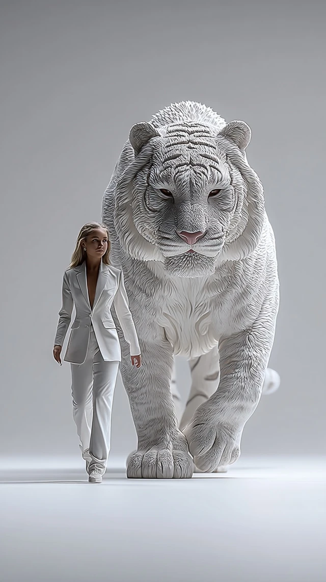 Woman and White Tiger Hyper Realistic Portrait