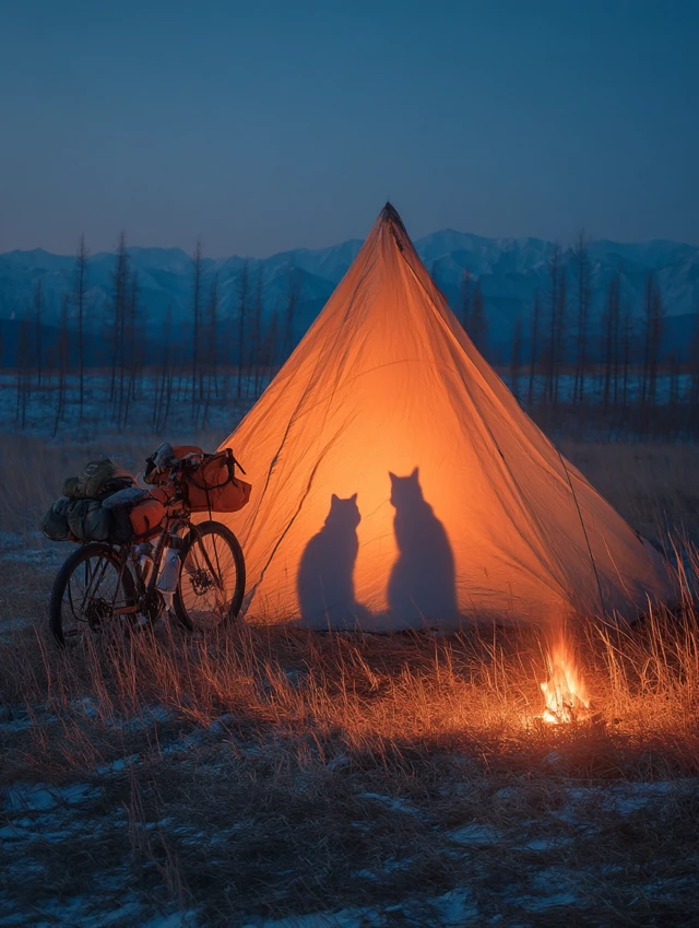 Camping with Cats at Sunset - Altay Mountains