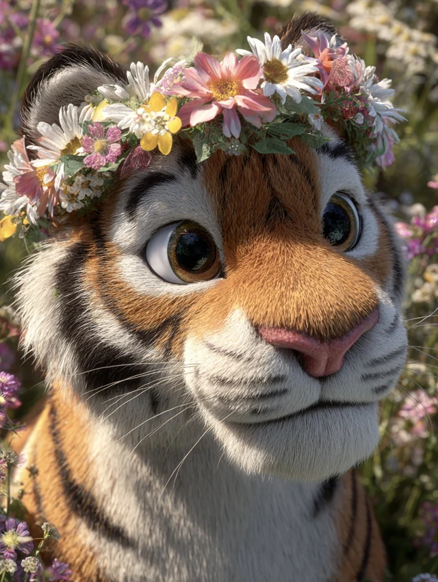 Cute 3D Cartoon Tiger with Flower Wreath