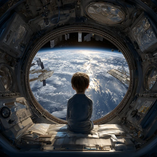 Child Astronaut on ISS Cupola View Earth