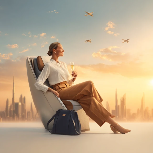 Luxury Travel Woman Sunset City Skyline Premium Economy