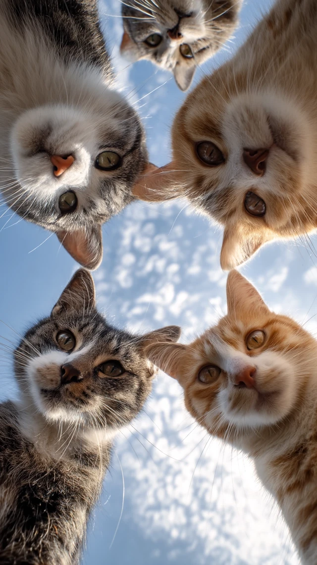 Cute Cats Looking Upwards From Below