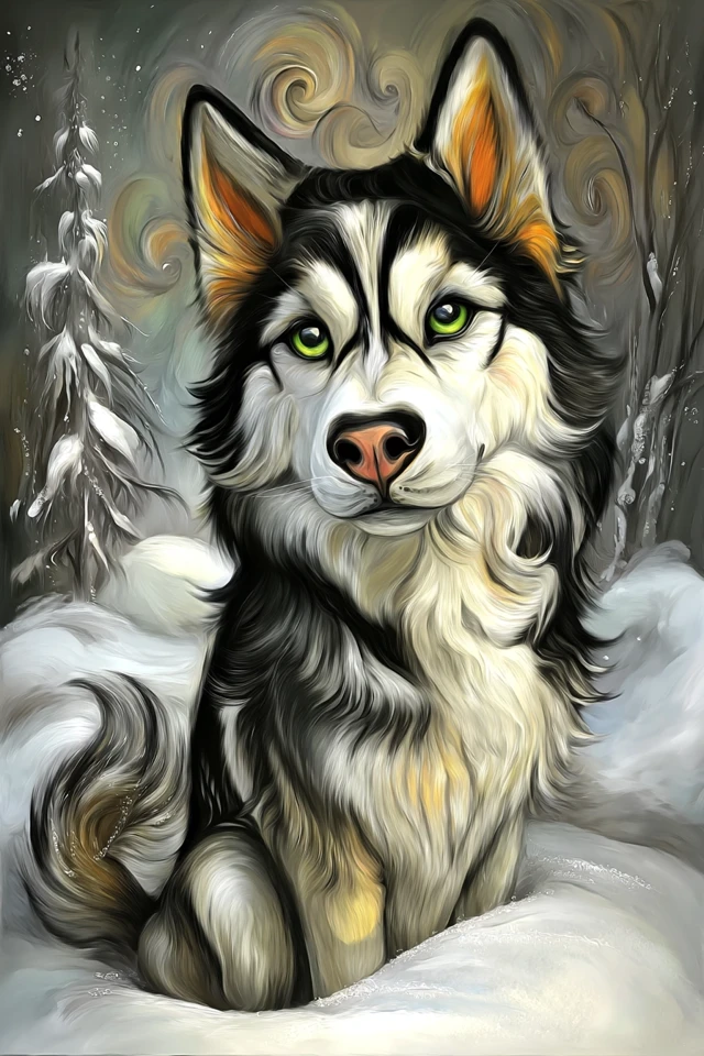 Impressionist Husky in the Snow Winter Painting Art