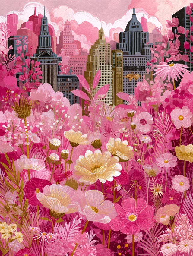 City Garden Art Nouveau Painting Pink Flowers Buildings