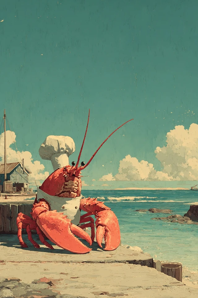 Funny Cartoon Lobster Chef Beach Scene