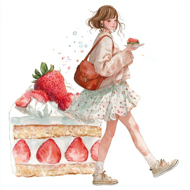 Strawberry Cake Girl Illustration Watercolor