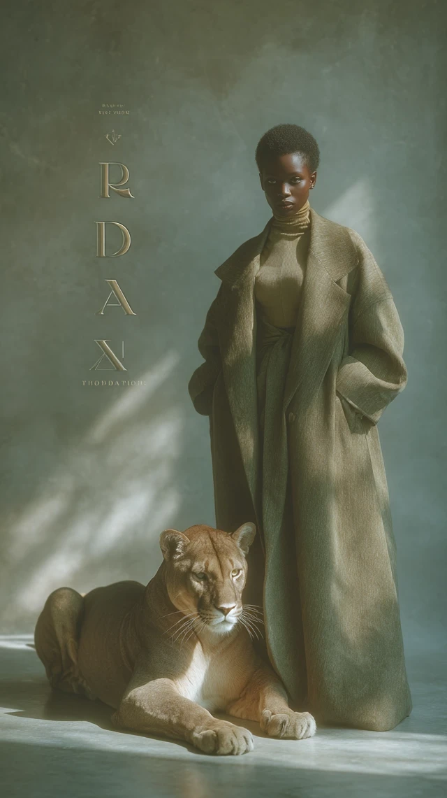 Black Woman in Elegant Coat with Pet Inspired by Vogue