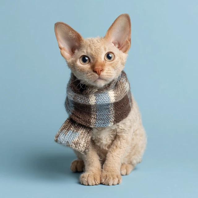 Sad Angry Cornish Rex Cat in Scarf
