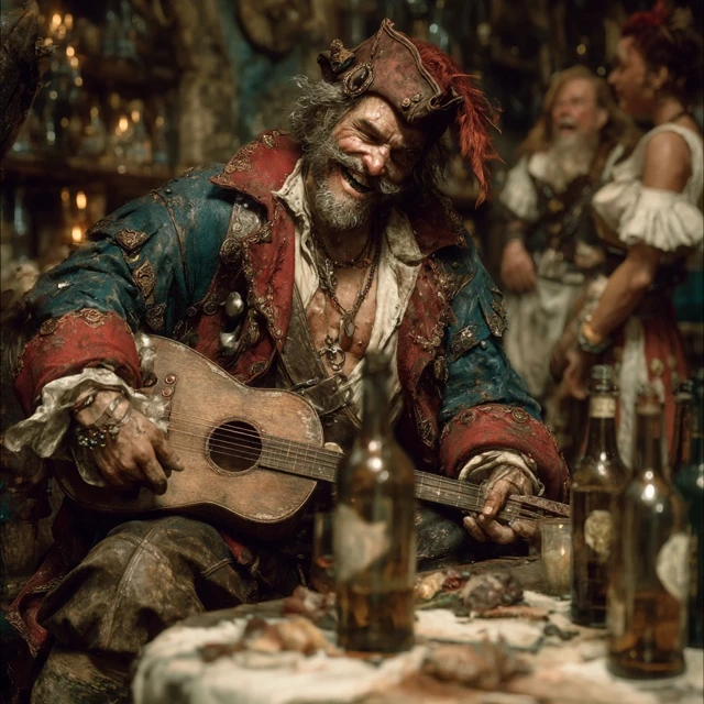 Medieval Minstrel in a Tavern with Lute Smiling