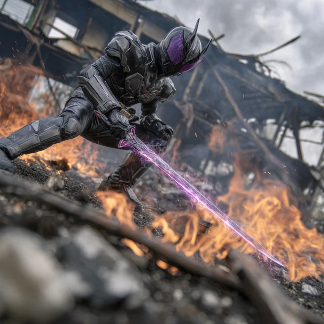 Black Kamen Rider with Excalibur in a Battle Scene