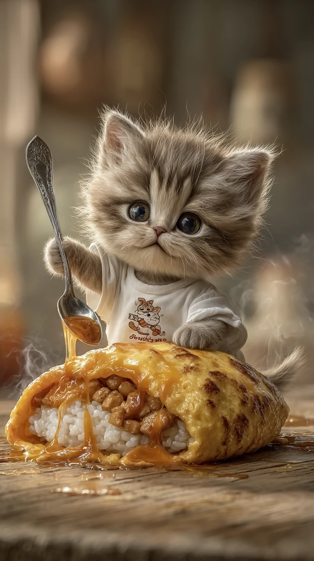Cute Kitten Eats Omelet Rice Delicious Food Photo