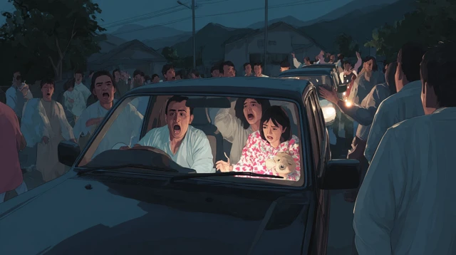 Nighttime Scene Tense Crowd SUV Illustration