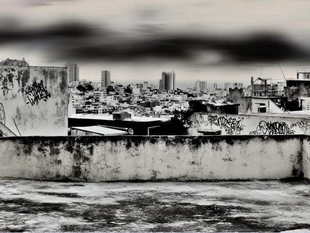 San Juan Rooftop View City Ocean Black and White