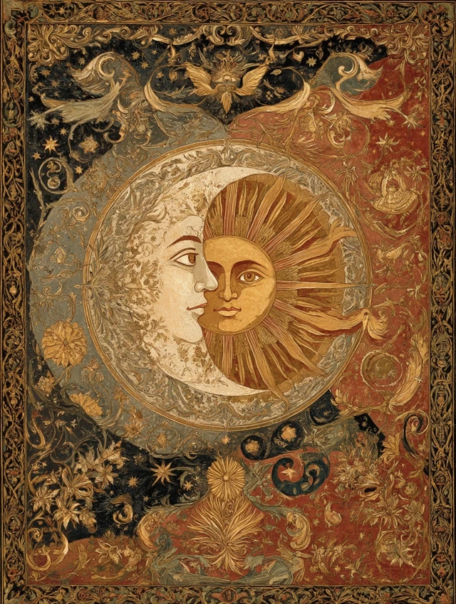 Vintage Celestial Floral Sun Moon Stars Painting Art