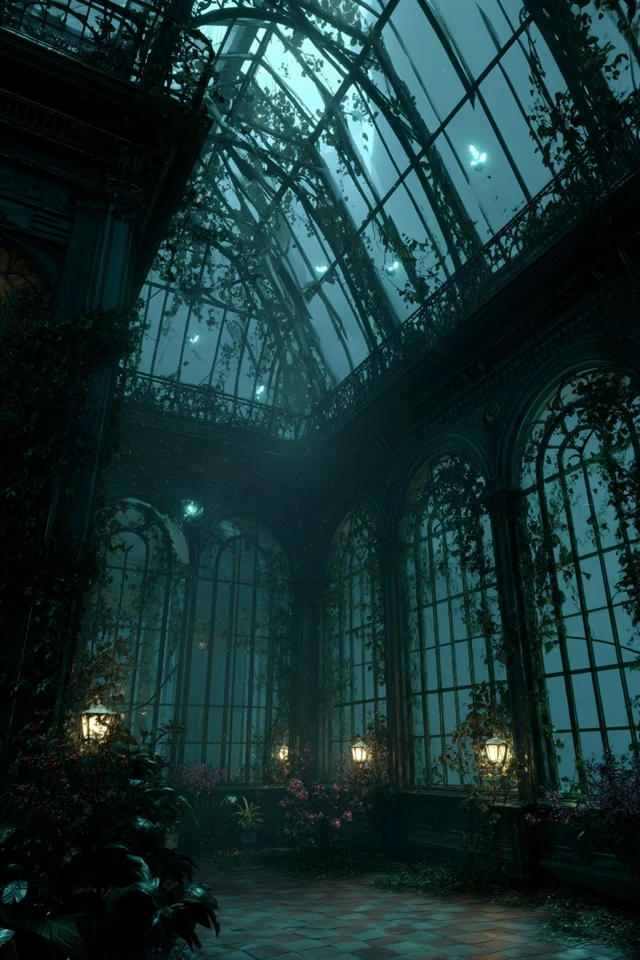 Spooky Victorian Greenhouse at Night