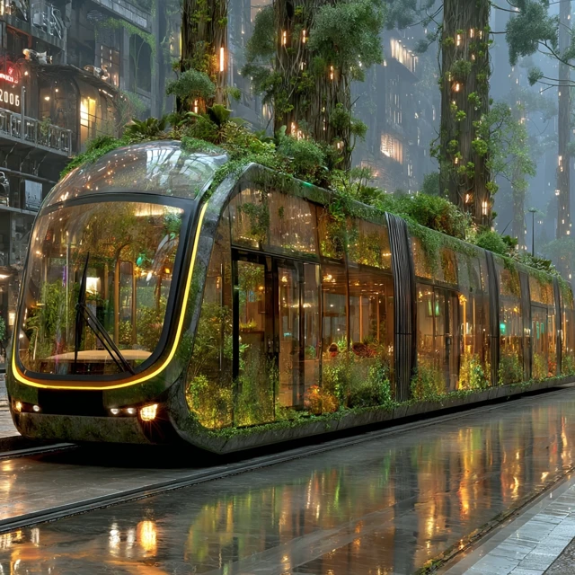 Futuristic Bus with Greenery in a Fantasy Cityscape
