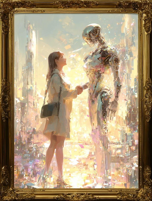 Android and Woman Handshake in Futuristic City Art