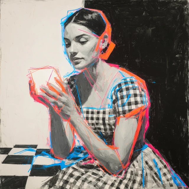 Cubist Painting of Hispanic Woman with Tetrahedron