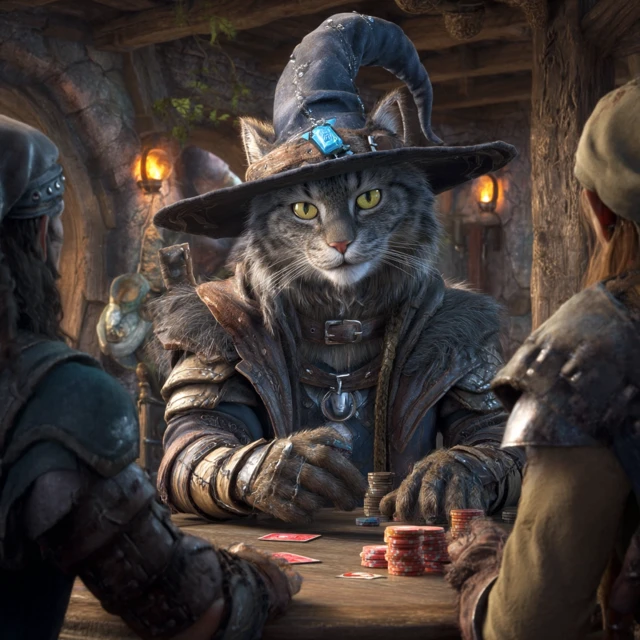 Fantasy Cat Wizard Playing Poker DND Scene