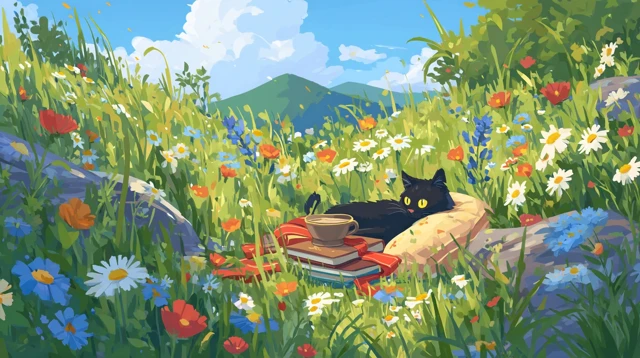Dreamy Meadow Cat Illustration