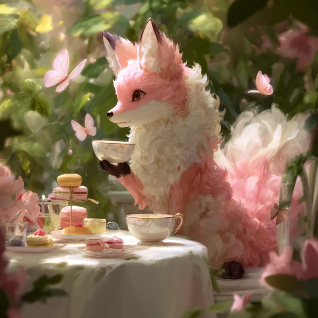 Cartoon Fox Tea Party in a Garden Pink and White