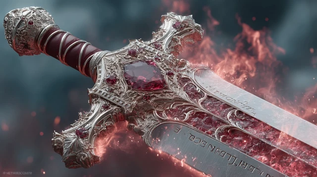 Flaming Sword with Ruby Hilt: Fantasy Weapon Art