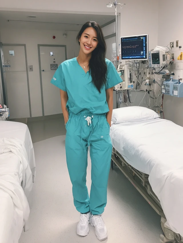 Beautiful Korean Nurse in Scrubs Smiling at Camera