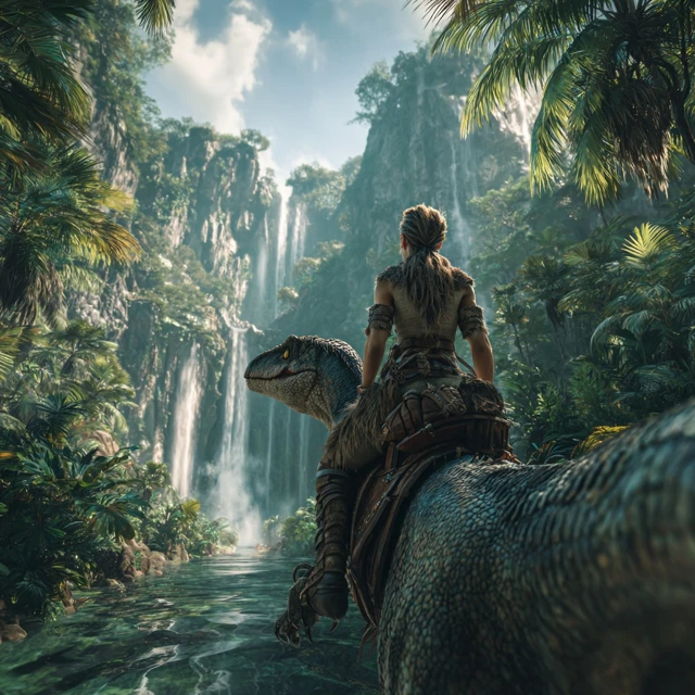 Cavewoman Rides Velociraptor in Prehistoric Rainforest
