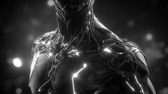 Cybernetic AI Figure in Geometric Armor
