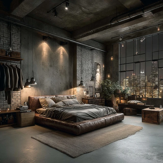 Modern Bedroom with City View and Industrial Style