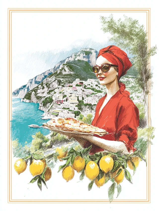 Italian Woman with Pizza Capri Coast Vintage Art