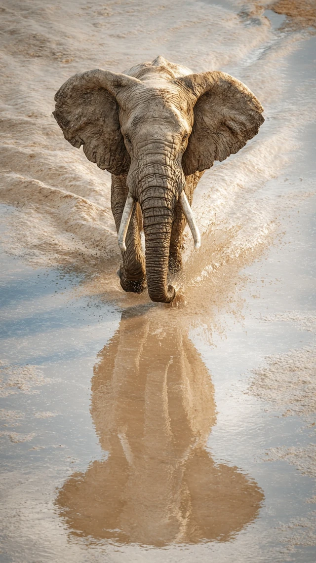 Elephant Running in Muddy River