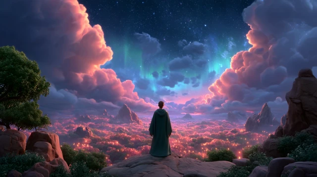 Mystical Figure Overlooking Apple Tree Valley