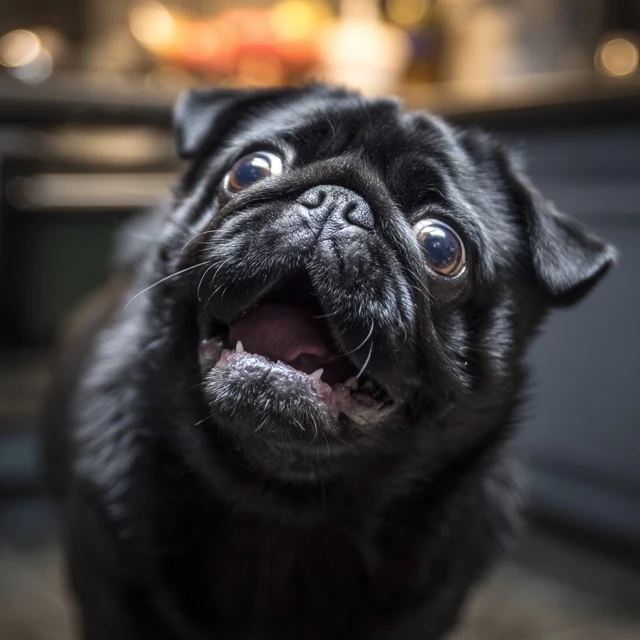 Funny Black Pug Dog Catching Treat Kitchen Photo