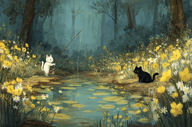 Cats Fishing by River in Forest Illustration