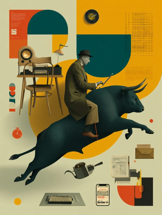 Remote Working Bull Illustration Vintage Art